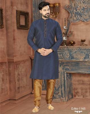 A navy-blue printed kurta with a subtle all-over geometric pattern and fine gold detailing on the collar, placket, 1