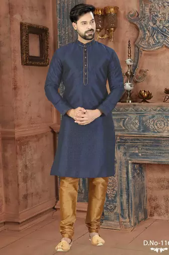 A navy-blue printed kurta with a subtle all-over geometric pattern and fine gold detailing on the collar, placket,