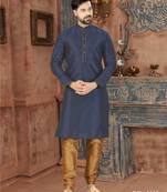 A navy-blue printed kurta with a subtle all-over geometric pattern and fine gold detailing on the collar, placket,