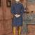 A navy-blue printed kurta with a subtle all-over geometric pattern and fine gold detailing on the collar, placket,