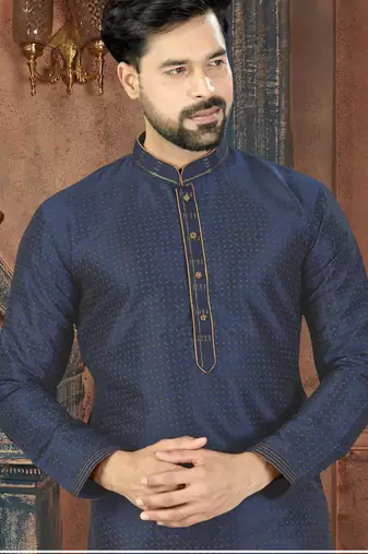 A navy-blue printed kurta with a subtle all-over geometric pattern and fine gold detailing on the collar, placket,
