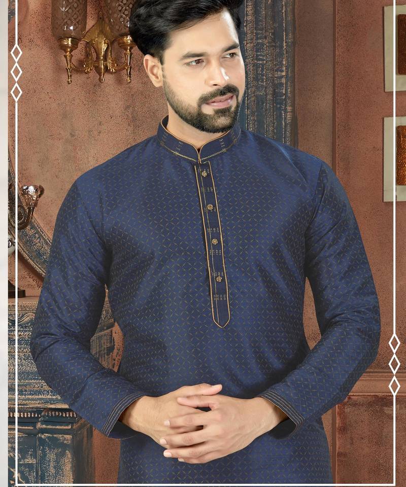 A navy-blue printed kurta with a subtle all-over geometric pattern and fine gold detailing on the collar, placket,
