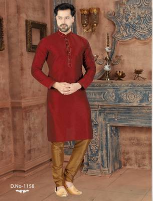 A rich maroon printed kurta with a subtle geometric pattern and fine gold detailing along the collar, placket, and cuffs 1