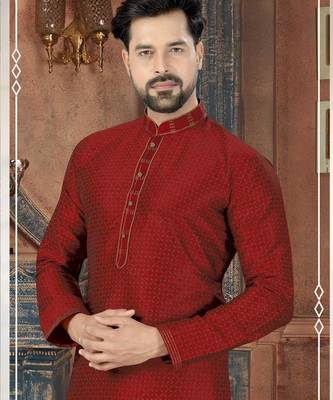 A rich maroon printed kurta with a subtle geometric pattern and fine gold detailing along the collar, placket, and cuffs 2