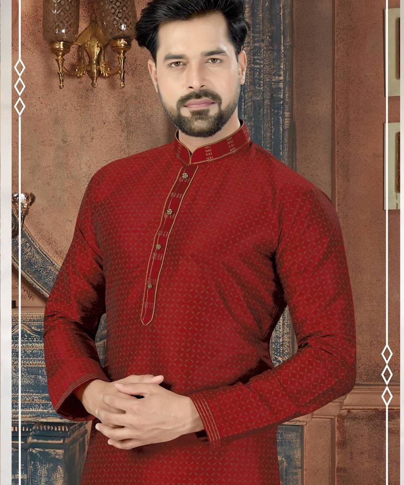 A rich maroon printed kurta with a subtle geometric pattern and fine gold detailing along the collar, placket, and cuffs