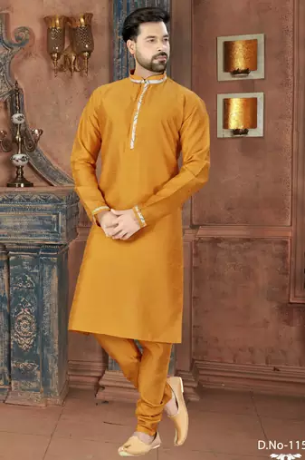 Mustard kurta with a clean silhouette and contrasting floral detailing along the collar, placket and cuffs