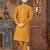 Mustard kurta with a clean silhouette and contrasting floral detailing along the collar, placket and cuffs