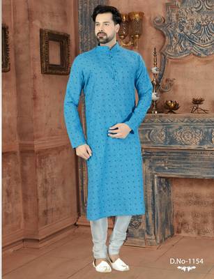 Sky-blue kurta with an intricate tonal paisley pattern, a stand collar and a neat button placket 1