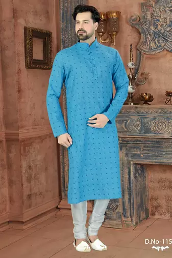 Sky-blue kurta with an intricate tonal paisley pattern, a stand collar and a neat button placket