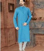 Sky-blue kurta with an intricate tonal paisley pattern, a stand collar and a neat button placket