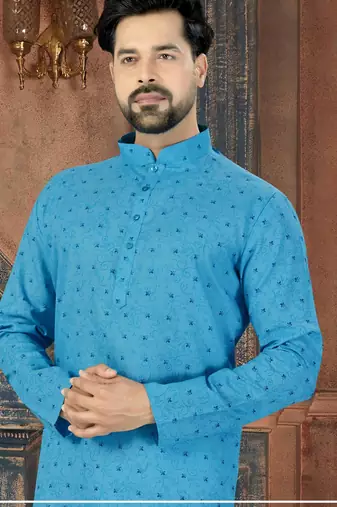 Sky-blue kurta with an intricate tonal paisley pattern, a stand collar and a neat button placket