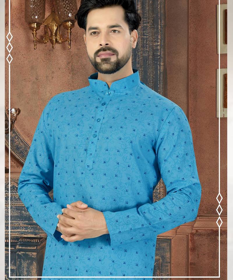 Sky-blue kurta with an intricate tonal paisley pattern, a stand collar and a neat button placket