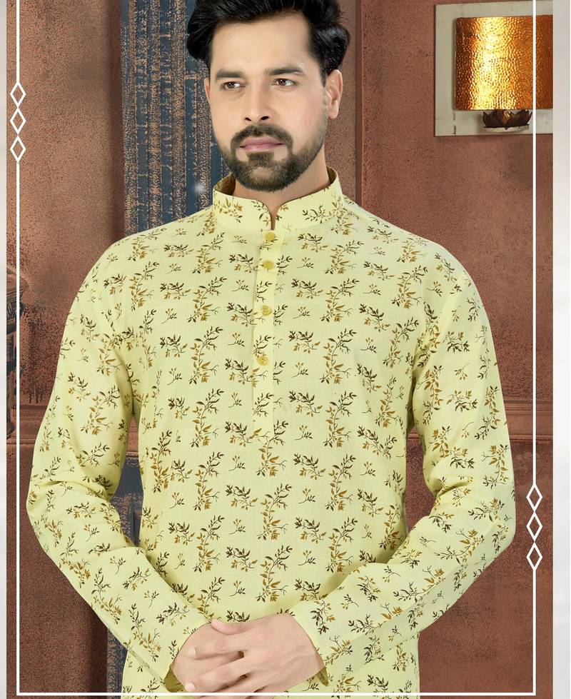 Yellow kurta with a delicate all-over botanical print, a neat band collar and coordinating buttons.