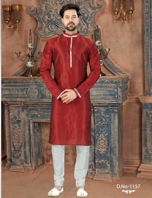 Deep red kurta with a subtle sheen and contrasting floral trim on the collar, placket and cuffs 1