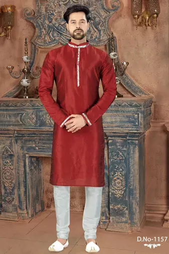 Deep red kurta with a subtle sheen and contrasting floral trim on the collar, placket and cuffs