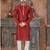 Deep red kurta with a subtle sheen and contrasting floral trim on the collar, placket and cuffs