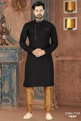Black kurta with a subtle textured finish, featuring an asymmetrical line of gold-tone buttons.