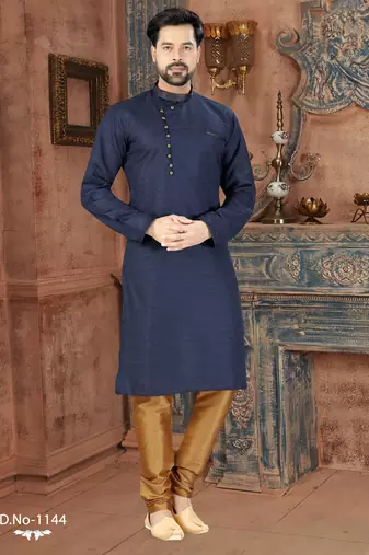 Navy-blue kurta with a subtle textured finish, an asymmetrical row of gold-tone buttons.