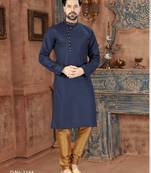 Navy-blue kurta with a subtle textured finish, an asymmetrical row of gold-tone buttons.