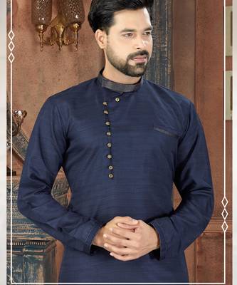 Navy-blue kurta with a subtle textured finish, an asymmetrical row of gold-tone buttons. 2