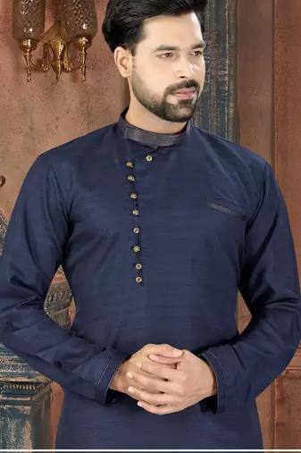 Navy-blue kurta with a subtle textured finish, an asymmetrical row of gold-tone buttons.