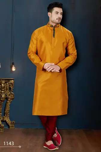 Mustard kurta with a subtle textured finish, accented by a dark embroidered band collar and placket.
