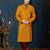 Mustard kurta with a subtle textured finish, accented by a dark embroidered band collar and placket.