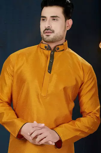 Mustard kurta with a subtle textured finish, accented by a dark embroidered band collar and placket.