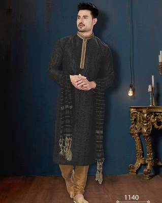 Charcoal-black kurta with a subtle geometric pattern and gold-trimmed collar, placket and cuffs 1