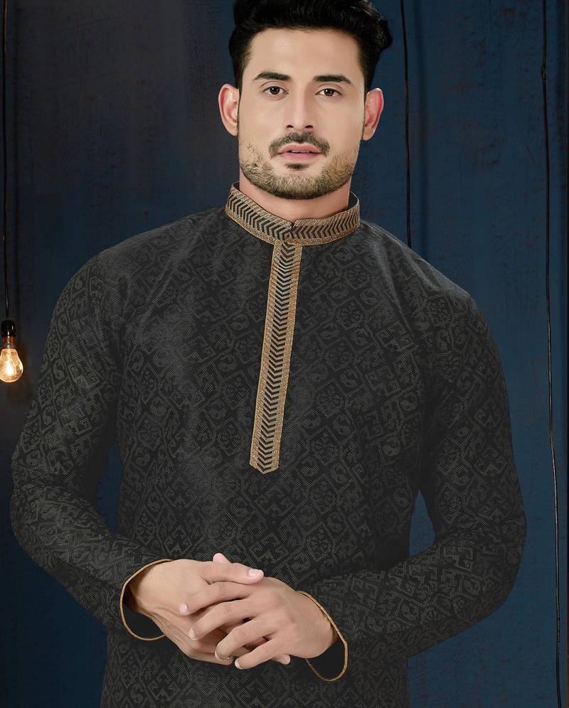 Charcoal-black kurta with a subtle geometric pattern and gold-trimmed collar, placket and cuffs