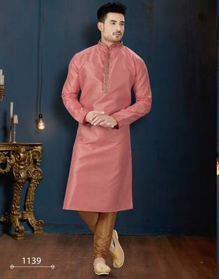 Dusty-rose kurta with a subtle textured finish and ornate contrasting trim along the collar and placket 1