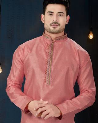 Dusty-rose kurta with a subtle textured finish and ornate contrasting trim along the collar and placket 2