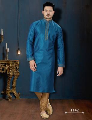Teal-blue kurta with a subtle jacquard pattern and fine gold piping on the collar, placket and cuffs 1