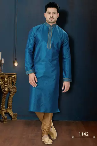 Teal-blue kurta with a subtle jacquard pattern and fine gold piping on the collar, placket and cuffs