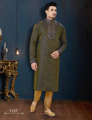 Deep olive kurta with a fine all-over pattern and an ornate blue-and-gold embroidered collar, placket and cuffs 1