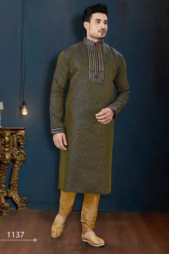 Deep olive kurta with a fine all-over pattern and an ornate blue-and-gold embroidered collar, placket and cuffs