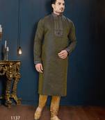 Deep olive kurta with a fine all-over pattern and an ornate blue-and-gold embroidered collar, placket and cuffs