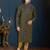 Deep olive kurta with a fine all-over pattern and an ornate blue-and-gold embroidered collar, placket and cuffs