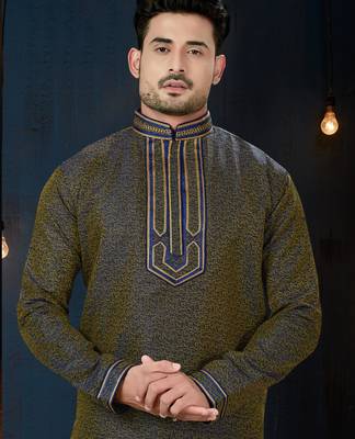Deep olive kurta with a fine all-over pattern and an ornate blue-and-gold embroidered collar, placket and cuffs 2