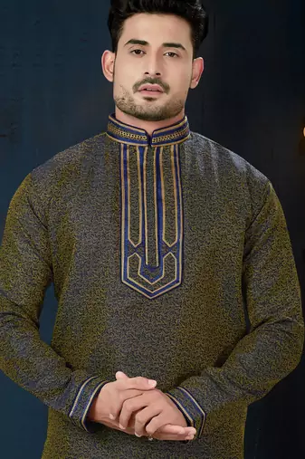 Deep olive kurta with a fine all-over pattern and an ornate blue-and-gold embroidered collar, placket and cuffs