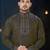 Deep olive kurta with a fine all-over pattern and an ornate blue-and-gold embroidered collar, placket and cuffs