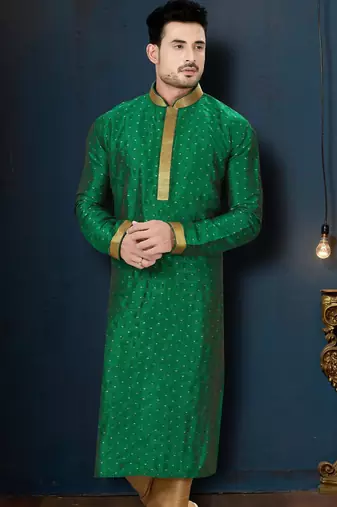 Emerald-green kurta with subtle gold motifs, finished with a gold-trimmed band collar with gold trousers.