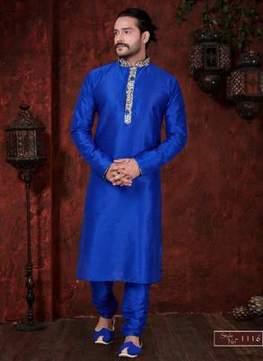 Royal-blue kurta with cream-and-blue floral detailing on the band collar and placket, paired 1