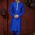 Royal-blue kurta with cream-and-blue floral detailing on the band collar and placket, paired
