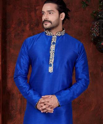 Royal-blue kurta with cream-and-blue floral detailing on the band collar and placket, paired 2