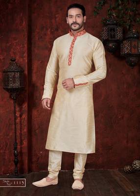 Fawn kurta set with elegant coral-red patterned trim on the collar, placket, and cuffs—simple festive wear 1