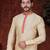 Fawn kurta set with elegant coral-red patterned trim on the collar, placket, and cuffs—simple festive wear