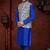 Royal-blue kurta set with a cream floral nehru jacket featuring blue detailing—an elegant festive look.