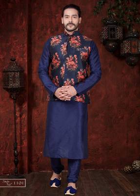 Navy kurta set with a striking floral nehru jacket—an elegant choice for festive occasions. 1