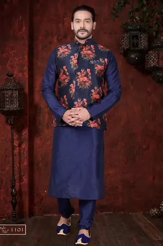 Navy kurta set with a striking floral nehru jacket—an elegant choice for festive occasions.